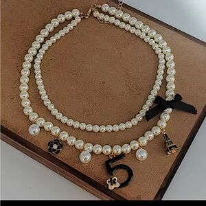 Pearl #5 Charm Necklace with Black Accents